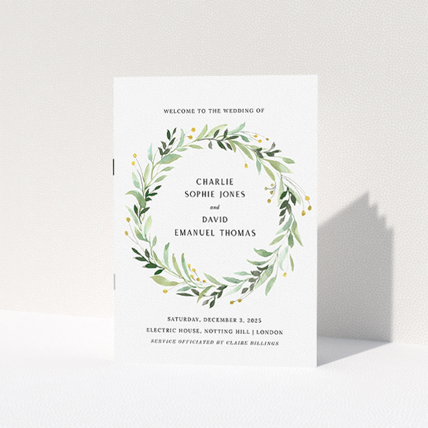 A wedding order of service design named "Marine Wreath Cover". It is an A5 booklet in a portrait orientation. "Marine Wreath Cover" is available as a folded booklet booklet, with tones of ice blue, light green and yellow.