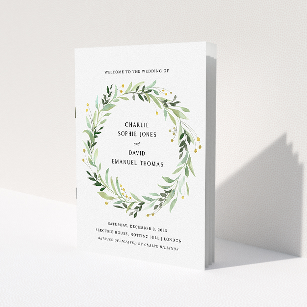 A wedding order of service design named "Marine Wreath Cover". It is an A5 booklet in a portrait orientation. "Marine Wreath Cover" is available as a folded booklet booklet, with tones of ice blue, light green and yellow.