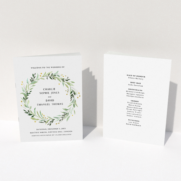 A wedding order of service design named "Marine Wreath Cover". It is an A5 booklet in a portrait orientation. "Marine Wreath Cover" is available as a folded booklet booklet, with tones of ice blue, light green and yellow.