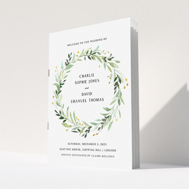 A wedding order of service design named "Marine Wreath Cover". It is an A5 booklet in a portrait orientation. "Marine Wreath Cover" is available as a folded booklet booklet, with tones of ice blue, light green and yellow.