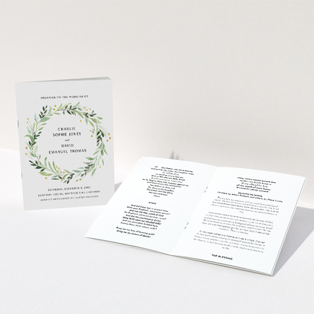 A wedding order of service design named "Marine Wreath Cover". It is an A5 booklet in a portrait orientation. "Marine Wreath Cover" is available as a folded booklet booklet, with tones of ice blue, light green and yellow.