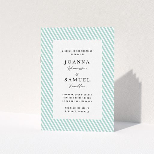 Wedding Order Of Service Design - "Mint Diagonals" A wedding order of service template titled "Mint Diagonals". It is an A5 booklet in a portrait orientation. "Mint Diagonals" is available as a folded booklet booklet, with tones of green and white.