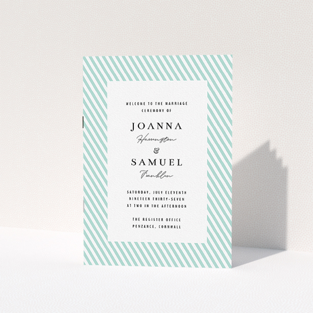 A wedding order of service template titled "Mint Diagonals". It is an A5 booklet in a portrait orientation. "Mint Diagonals" is available as a folded booklet booklet, with tones of green and white.