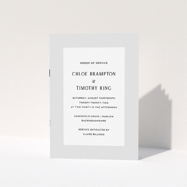 A wedding order of service design called "Monochrome Elegance". It is an A5 booklet in a portrait orientation. "Monochrome Elegance" is available as a folded booklet booklet, with tones of grey and white.