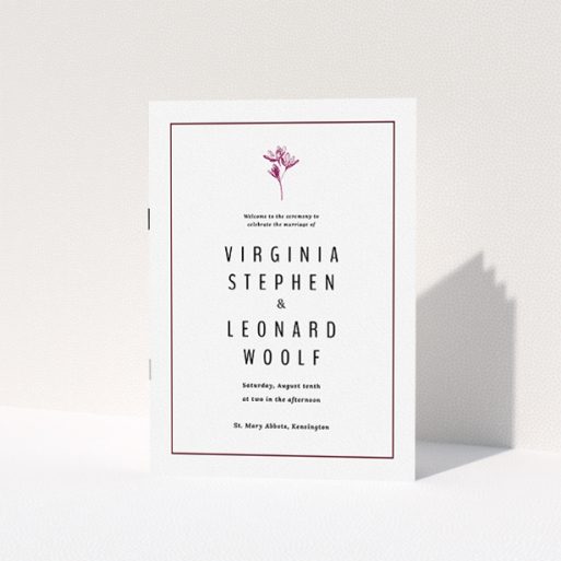 Multi Page Wedding Order Of Service - My Little Daisy (Maroon) A wedding order of service design titled "My little daisy". It is an A5 booklet in a portrait orientation. "My little daisy" is available as a folded booklet booklet, with tones of white and purple.