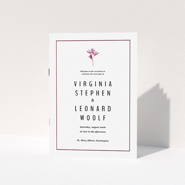 A wedding order of service design titled "My little daisy". It is an A5 booklet in a portrait orientation. "My little daisy" is available as a folded booklet booklet, with tones of white and purple.