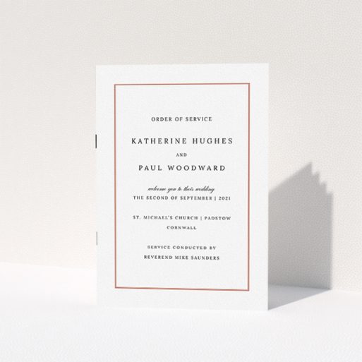 Wedding Order Of Service Design - "Ochre Border Traditional" A wedding order of service design called "Ochre Border Traditional". It is an A5 booklet in a portrait orientation. "Ochre Border Traditional" is available as a folded booklet booklet, with tones of white and red.