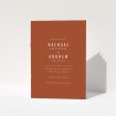 A wedding order of service named "Ochre with Typography". It is an A5 booklet in a portrait orientation. "Ochre with Typography" is available as a folded booklet booklet, with mainly dark orange colouring.
