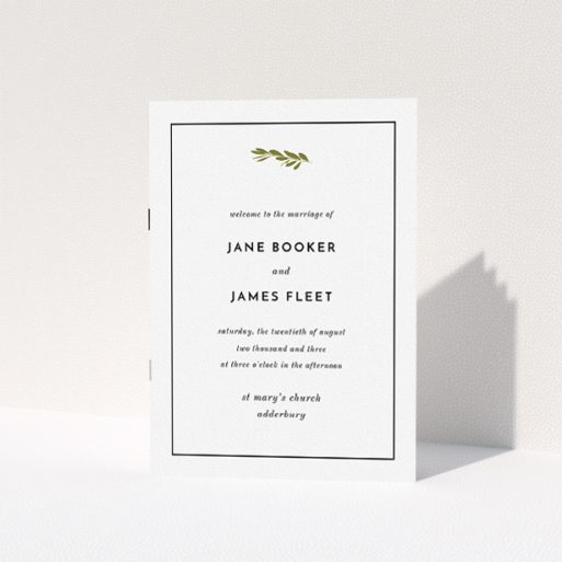 Multi Page Wedding Order Of Service - Olive Branch Stamp (Black) A wedding order of service named "Olive branch stamp". It is an A5 booklet in a portrait orientation. "Olive branch stamp" is available as a folded booklet booklet, with tones of white and green.