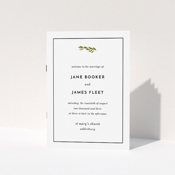 A wedding order of service named "Olive branch stamp". It is an A5 booklet in a portrait orientation. "Olive branch stamp" is available as a folded booklet booklet, with tones of white and green.