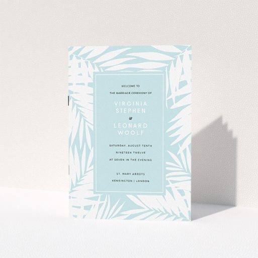 Wedding Order Of Service Design - "Pastel Jungle" A wedding order of service design called "Pastel Jungle". It is an A5 booklet in a portrait orientation. "Pastel Jungle" is available as a folded booklet booklet, with tones of blue and white.