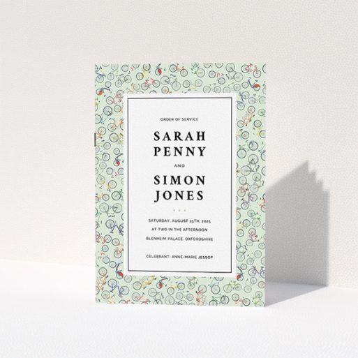 Wedding Order Of Service Design - "Peloton" A wedding order of service design named "Peloton". It is an A5 booklet in a portrait orientation. "Peloton" is available as a folded booklet booklet, with tones of green, red and grey.