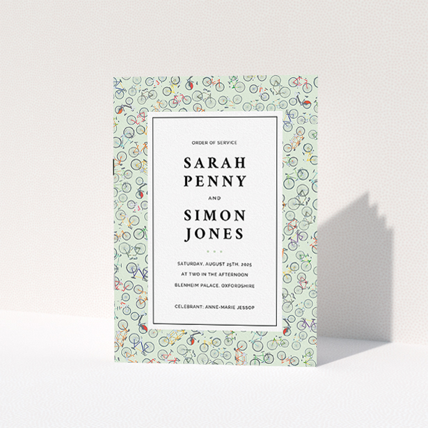 A wedding order of service design named "Peloton". It is an A5 booklet in a portrait orientation. "Peloton" is available as a folded booklet booklet, with tones of green, red and grey.