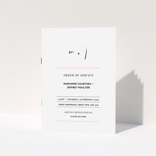 Wedding Order Of Service Design - "Pink and Blue" A wedding order of service design called "Pink and Blue". It is an A5 booklet in a portrait orientation. "Pink and Blue" is available as a folded booklet booklet, with tones of white and blue.