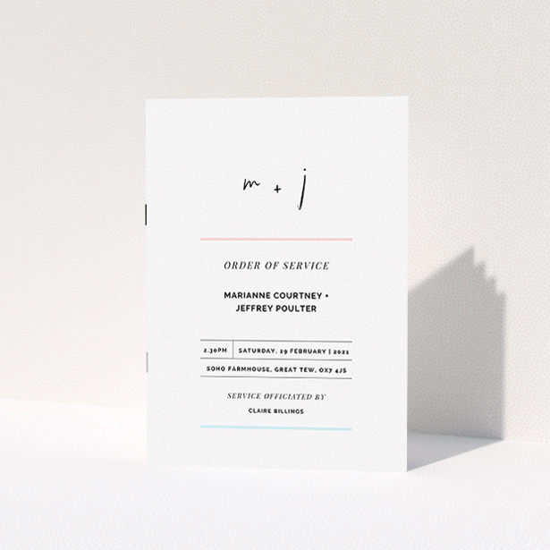 A wedding order of service design called "Pink and Blue". It is an A5 booklet in a portrait orientation. "Pink and Blue" is available as a folded booklet booklet, with tones of white and blue.