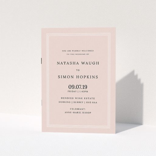 Wedding Order Of Service Design - "Pink and White Classic" A wedding order of service called "Pink and White Classic". It is an A5 booklet in a portrait orientation. "Pink and White Classic" is available as a folded booklet booklet, with tones of faded pink and white.
