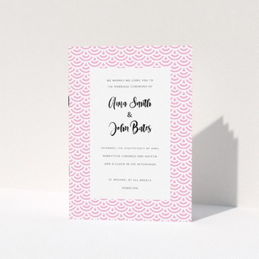 Wedding Order Of Service Design - "Pink Fans" A wedding order of service named "Pink Fans". It is an A5 booklet in a portrait orientation. "Pink Fans" is available as a folded booklet booklet, with tones of pink and white.