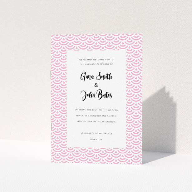 A wedding order of service named "Pink Fans". It is an A5 booklet in a portrait orientation. "Pink Fans" is available as a folded booklet booklet, with tones of pink and white.