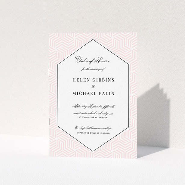 A wedding order of service template titled "Pink geometric maze". It is an A5 booklet in a portrait orientation. "Pink geometric maze" is available as a folded booklet booklet, with tones of pink and white.