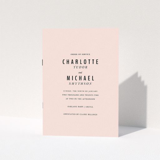 Wedding Order Of Service Design - "Pink with Typography" A wedding order of service design titled "Pink with Typography". It is an A5 booklet in a portrait orientation. "Pink with Typography" is available as a folded booklet booklet, with mainly pink colouring.