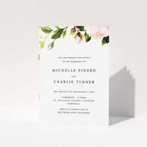 Wedding Order Of Service Design - "Rose Ceiling" A wedding order of service named "Rose Ceiling". It is an A5 booklet in a portrait orientation. "Rose Ceiling" is available as a folded booklet booklet, with tones of pink and green.