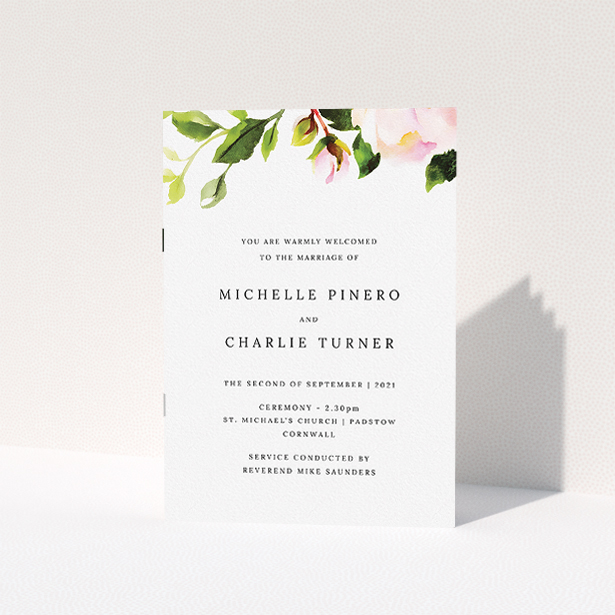 A wedding order of service named "Rose Ceiling". It is an A5 booklet in a portrait orientation. "Rose Ceiling" is available as a folded booklet booklet, with tones of pink and green.