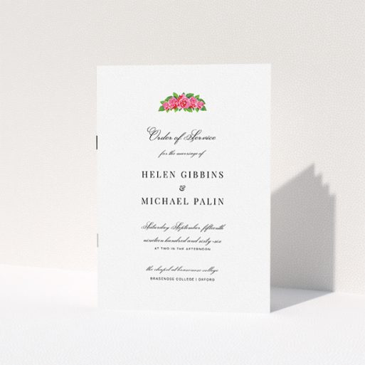 Wedding Order Of Service Design - "Rose Crown" A wedding order of service named "Rose Crown". It is an A5 booklet in a portrait orientation. "Rose Crown" is available as a folded booklet booklet, with tones of white and green.