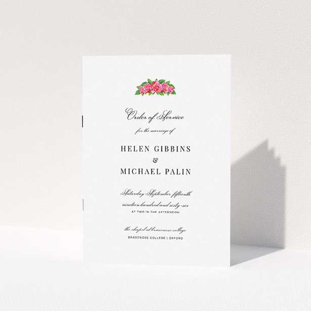 A wedding order of service named "Rose Crown". It is an A5 booklet in a portrait orientation. "Rose Crown" is available as a folded booklet booklet, with tones of white and green.