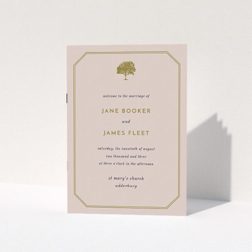 Wedding Order Of Service Design - "Royal oak" A wedding order of service template titled "Royal oak". It is an A5 booklet in a portrait orientation. "Royal oak" is available as a folded booklet booklet, with mainly dark cream colouring.