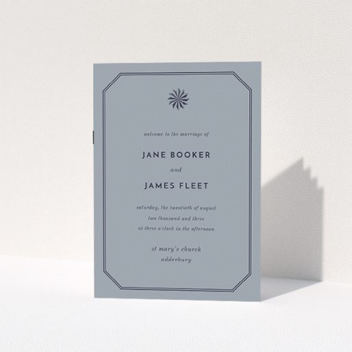 Wedding Order Of Service Design - "Shaded sundial" A wedding order of service called "Shaded sundial". It is an A5 booklet in a portrait orientation. "Shaded sundial" is available as a folded booklet booklet, with tones of dark grey and navy blue.