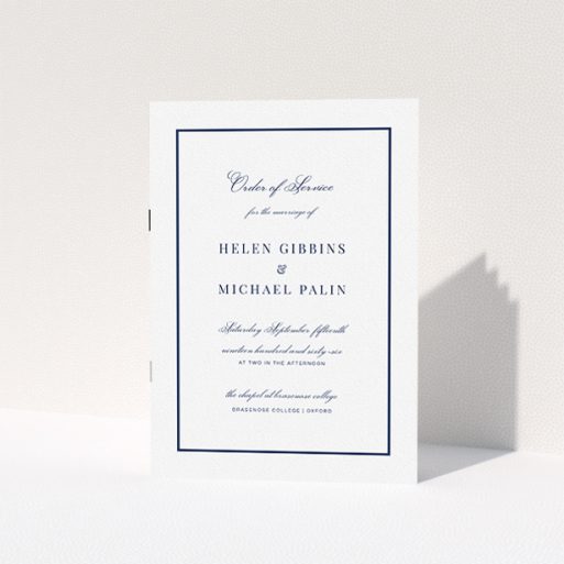Wedding Order Of Service Design - "Simple Display Blue" A wedding order of service design titled "Simple Display Blue". It is an A5 booklet in a portrait orientation. "Simple Display Blue" is available as a folded booklet booklet, with mainly white colouring.