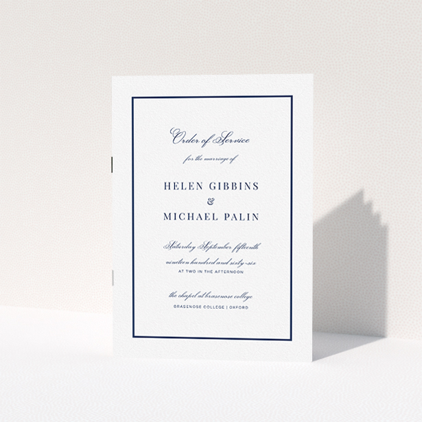 A wedding order of service design titled "Simple Display Blue". It is an A5 booklet in a portrait orientation. "Simple Display Blue" is available as a folded booklet booklet, with mainly white colouring.