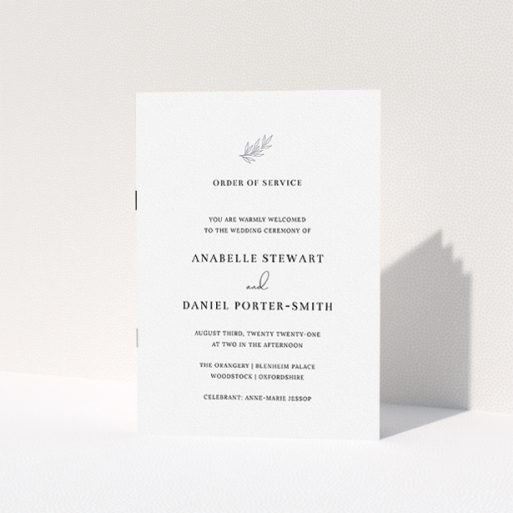 Wedding Order Of Service Design - "Simple Elegance" A wedding order of service template titled "Simple Elegance". It is an A5 booklet in a portrait orientation. "Simple Elegance" is available as a folded booklet booklet, with mainly white colouring.