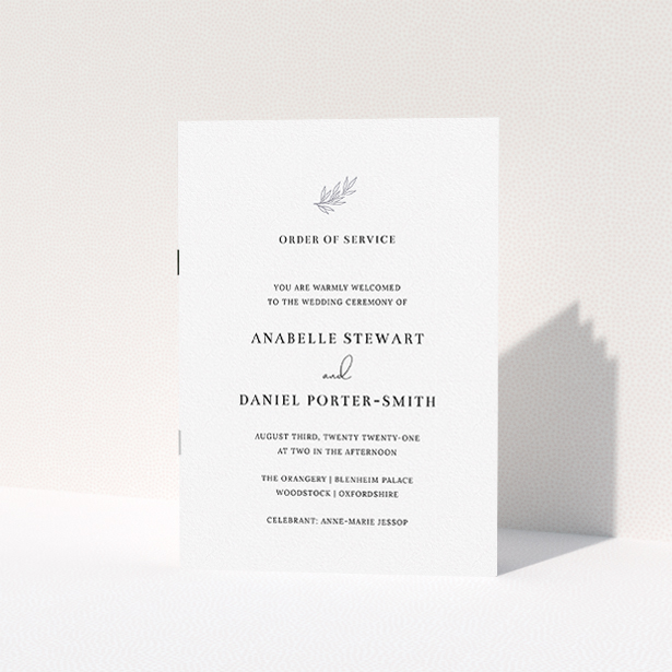 A wedding order of service template titled "Simple Elegance". It is an A5 booklet in a portrait orientation. "Simple Elegance" is available as a folded booklet booklet, with mainly white colouring.
