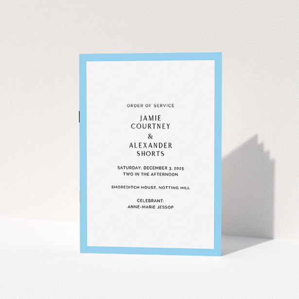 A wedding order of service template titled "Simple Order of Service Blue". It is an A5 booklet in a portrait orientation. "Simple Order of Service Blue" is available as a folded booklet booklet, with tones of blue and white.
