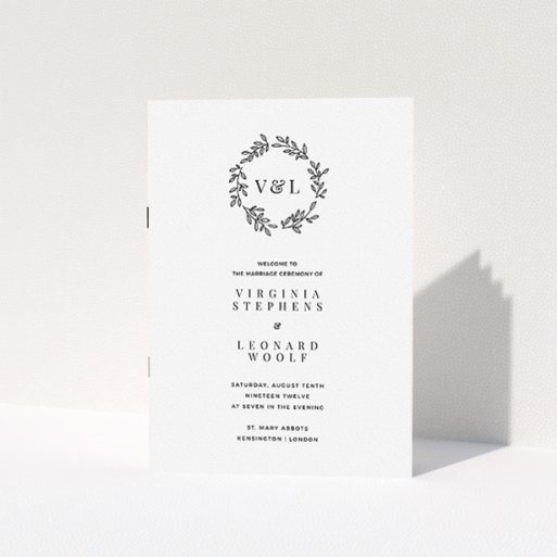 Wedding Order Of Service Design - "Simple Wreath" A wedding order of service template titled "Simple Wreath". It is an A5 booklet in a portrait orientation. "Simple Wreath" is available as a folded booklet booklet, with tones of white and black.