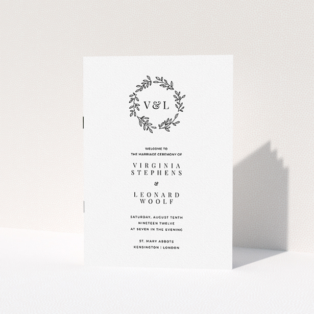 A wedding order of service template titled "Simple Wreath". It is an A5 booklet in a portrait orientation. "Simple Wreath" is available as a folded booklet booklet, with tones of white and black.