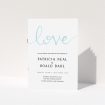 A wedding order of service design titled "Simply Love". It is an A5 booklet in a portrait orientation. "Simply Love" is available as a folded booklet booklet, with tones of white and blue.