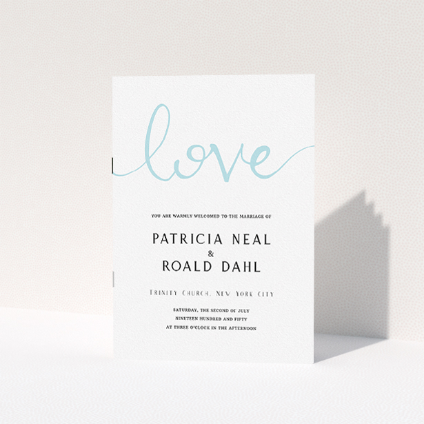 A wedding order of service design titled "Simply Love". It is an A5 booklet in a portrait orientation. "Simply Love" is available as a folded booklet booklet, with tones of white and blue.