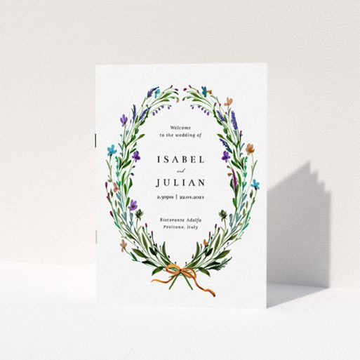 Wedding Order Of Service Design - "Spring Wildflower Wreath" A wedding order of service named "Spring Wildflower Wreath". It is an A5 booklet in a portrait orientation. "Spring Wildflower Wreath" is available as a folded booklet booklet, with tones of green and purple.