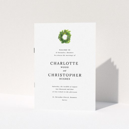 Wedding Order Of Service Design - "Spring Wreath" A wedding order of service template titled "Spring Wreath". It is an A5 booklet in a portrait orientation. "Spring Wreath" is available as a folded booklet booklet, with tones of white and green.