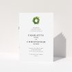 A wedding order of service template titled "Spring Wreath". It is an A5 booklet in a portrait orientation. "Spring Wreath" is available as a folded booklet booklet, with tones of white and green.