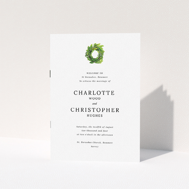 A wedding order of service template titled "Spring Wreath". It is an A5 booklet in a portrait orientation. "Spring Wreath" is available as a folded booklet booklet, with tones of white and green.