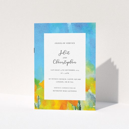 Wedding Order Of Service Design - "Summer Watercolours" A wedding order of service called "Summer Watercolours". It is an A5 booklet in a portrait orientation. "Summer Watercolours" is available as a folded booklet booklet, with tones of yellow, blue and green.