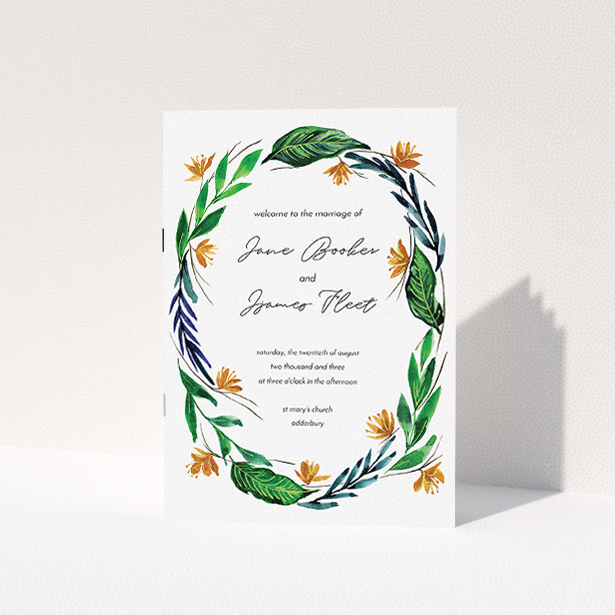 A wedding order of service called "Summer Whirl Wreath". It is an A5 booklet in a portrait orientation. "Summer Whirl Wreath" is available as a folded booklet booklet, with tones of green, dark blue and orange.