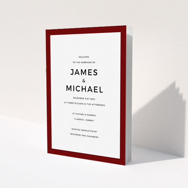 A wedding order of service design named "Thick Burgundy Classic". It is an A5 booklet in a portrait orientation. "Thick Burgundy Classic" is available as a folded booklet booklet, with tones of burgundy and white.