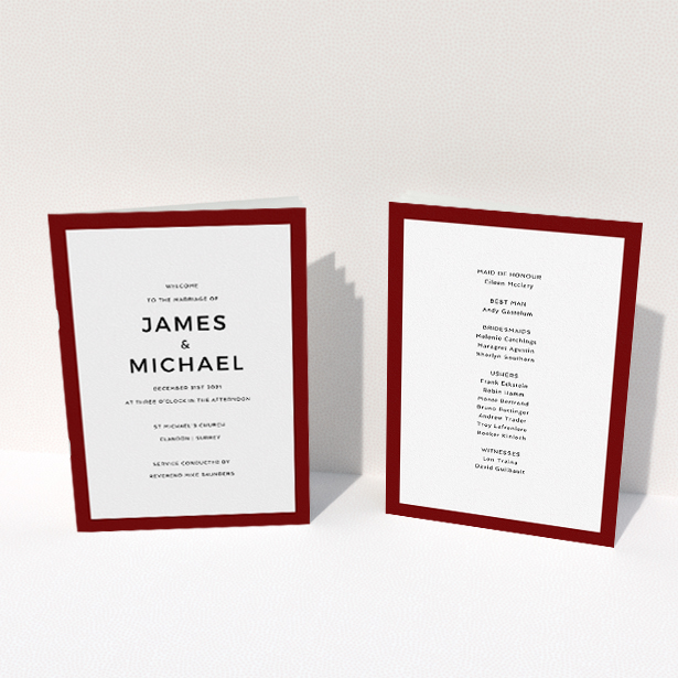 A wedding order of service design named "Thick Burgundy Classic". It is an A5 booklet in a portrait orientation. "Thick Burgundy Classic" is available as a folded booklet booklet, with tones of burgundy and white.