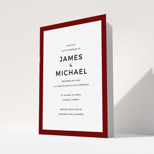 A wedding order of service design named "Thick Burgundy Classic". It is an A5 booklet in a portrait orientation. "Thick Burgundy Classic" is available as a folded booklet booklet, with tones of burgundy and white.