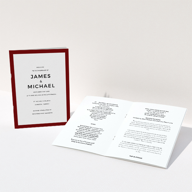 A wedding order of service design named "Thick Burgundy Classic". It is an A5 booklet in a portrait orientation. "Thick Burgundy Classic" is available as a folded booklet booklet, with tones of burgundy and white.
