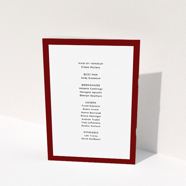 A wedding order of service design named "Thick Burgundy Classic". It is an A5 booklet in a portrait orientation. "Thick Burgundy Classic" is available as a folded booklet booklet, with tones of burgundy and white.